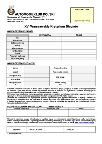 Zgłoszenie_XVI Warszawskie Kryterium Bizonów_2022